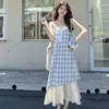 Vestido Falda Lencera a Cuadros con Puntadas de Encaje para Mujer Verano 2024 Nuevo Fresco Holgado Adelgazante Falda Falsa de Dos Piezas