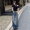 Jeans Rasgados Desgastados de Industria Pesada para Mujer Pantalones Rectos Holgados de Pierna Estrecha de Pierna Ancha Pantalones Retro Relajados de Largo Completo