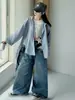 Conjunto de Pantalones Vaqueros de Estilo Coreano para Otoño, con Múltiples Bolsillos y Cordón, y Cárdigan con Capucha para Niños Medianos y Grandes, Pantalones de Pierna Ancha, Ropa de Abrigo