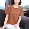 Camiseta de Verano de Moda Bordada de Manga Corta para Mujeres de Mediana Edad Suelta Talla Grande Top Bordado Cuello Redondo Camisa de Media Manga