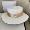 Sombrero de paja de verano con perlas estilo Chanel, estilo francés Hepburn, con correa para mujer, para playa, vacaciones, protector solar, sombrero de copa.
