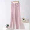 Pantalones de pijama de algodón y seda de color liso para verano, pantalones anchos de nueve puntos para mujer, pantalones finos y holgados para aire acondicionado, pantalones de playa, transpirables y adecuados para usar en exteriores