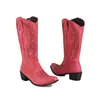 Botas de couro de cor sólida com salto quadrado 35-48 outono e inverno transfronteiriças de salto médio de cano alto para mulheres bico fino versátil sem cadarço botas western