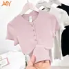 Camiseta Feminina Lulu Bling Manga Curta Gola Henley Slim Fit Verão Secagem Rápida Respirável Versátil Top para Yoga