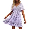 Vestido de Tirantes de Verano Nuevo Transfronterizo Europeo y Americano para Mujer, Floral, Fruncido, con Bolsillos, Cuello en V, Mangas de Mariposa y Cintura ceñida