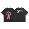 Camiseta Unisex de Manga Curta Tendência Saint Miael High Street Estampa de Letras Alta Qualidade Vintage Lavada e Desgastada