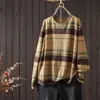 Otoño 2025 Nuevo Punto Rayado de Cuello Redondo para Mujer Punto Rayado Retro Literario para Mujer Camiseta Básica para Mujer Top para Mujer