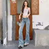 Jeans de campana retro lavados con estampado de leopardo azul claro estilo americano para mujer, nuevos de verano 2026, pantalones de campana ajustados elásticos