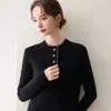 Suéter de Punto Cálido con Botones del Mismo Color, Cuello Redondo, Bloques de Color Estilo Coreano, Manga Larga, Abertura en el Dobladillo, para Mujer, Cachemira