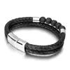 Fornecimento Transfronteiriço de Pulseiras de Pedra Vulcânica Natural Aço Inoxidável Estilo Europeu e Americano Pulseiras de Couro Personalizadas para Homens Atacado em Estoque