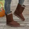 Botas de Cano Médio com Pingente Strass Casual Fundo Plano Forro Inverno Sapatos Femininos Proteção Contra Frio Pelúcia Grossa Quente Novo