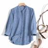 Camisa informal elegante y artística de estilo nacional y moderno, estilo vintage, con cuello vertical pequeño, bordado y tapeta oscura, de lino Chunchun, de siete mangas para mujer.