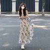 (Doble capa) Vestido largo sin mangas con estampado de mariposas de tinta para mujer, estilo coreano, con cintura plisada y adelgazante, para verano