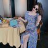 Vestido morado con mangas abullonadas para mujer, ropa de verano 2020, nuevo estilo, dobladillo dividido, estilo occidental, falda larga ajustada a la cintura con estampado floral