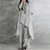 Nuevo Comercio Exterior Algodón Lino Talla Grande Color Sólido Casual Conjunto de Dos Piezas Top Pantalones Largos Holgado Irregular Moda Ropa de Mujer