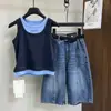 Conjunto de Verano para Niños Mayores 2026 Nuevo Modelo: Conjunto de Dos Piezas con Pantalones de Mezclilla Acortados de Pierna Ancha para Niñas, Estilo Ligero Estudiantil