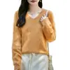 Suéter premium de lana pura sin costuras para mujer, top de punto cepillado con cuello en V, estilo otoño e invierno, suéter casual de corte holgado