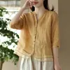 Nova Camisa Vintage de Algodão e Linho para Mulheres 2024, Camisa Bordada Artística com Pontos Delicados, Elegante Top Slim Fit com Retalhos de Organza