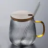 Novo Copo de Vidro Listrado Estilo Japonês com Tampa Padrão Vertical Copo de Água Copo de Café da Manhã Caneca Copo de Chá para Aveia Copo de Leite