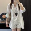 Camisa azul de lino estilo francés para mujer, top de manga larga para el verano con protección solar, chaqueta camisa de algodón y lino estilo casual holgado 'old money'