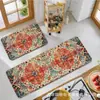 Conjunto de Tapetes de Cozinha Duas Peças com Estampa de Flores de Veludo Cristalino Absorvente à Prova de Óleo Tapete de Chão para Porta de Entrada Resistente à Sujeira Tapete Antiderrapante