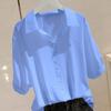 Camisa de Seda Hielo de Manga Corta de Color Sólido para Mujer, Delgada y de Corte Amplio, Talla Grande, Diseño de Cuello Polo, Top Casual con un Aspecto Elegante y Profesional