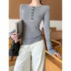 Camiseta elegante y única de manga larga con cuello para mujer, gris otoño, corte ajustado, top básico versátil