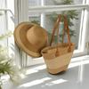 Sombrero de Paja Transfronterizo Bolso de Paja Set de Dos Piezas Sombrero para el Sol Gran Capacidad Bolso Tote Rayado Bolso de Hombro Bolso de Playa Tienda de Fábrica