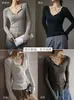 Camiseta de Modal para Otoño e Invierno, Cuello Semiabierto, Color Sólido, Simple, Versátil, Hombro Normal, Estilo Coreano, Ropa para Mujer, Capa Interior, Capa Base, Ropa Exterior