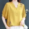 Camisa de Manga Corta para Madre de Primavera y Otoño, Top Versátil de Algodón y Lino Bordado de Moda Talla Grande