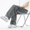 Calça jeans masculina retro americana para primavera e outono, calça reta casual solta de alta rua, calça moderna com cordão de tamanho grande