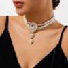 Corea del Sur Vintage Perla Diamante Borla Cadena de Cuello Celebridad Cibernética Sentido del Diseño Elegante Flor Lazo Cadena Clavicular Collar para Mujer
