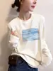 Camiseta de manga larga acanalada de algodón puro azul marino, nuevo estilo 2026, top elegante para mujer de principios de otoño, extremadamente atractivo