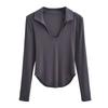 Camisa de manga comprida com gola polo interna de outono, camiseta curta justa com gola U feminina, cintura alta, top justo para meninas