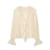 Moda feminina europeia e americana transfronteiriça, best-seller do AliExpress: blusa de chiffon elegante com estampa floral, gola alta com laço, decote V e mangas sino com babados