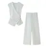 Conjunto de Top Sem Mangas com Decote em V e Calça Dupla Face com Pinos Decorados, Estilo Europeu e Americano, Popular na Amazon Aliexpress, Moda Tendência