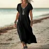 Comercio Exterior Transfronterizo Europeo y Americano Amazon wish Estación Independiente Color Sólido Suelto Cuello en V Algodón Lino Vestido de Mujer Ropa de Mujer