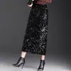 Saia Reta Elegante com Lantejoulas e Caimento Fluido, Saia Lápis Longa de Cintura Alta com Fenda, Saia Curta Trendy de Inverno 2025 que Molda o Corpo