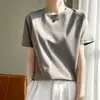 2026 Verão Fina Algodão Penteado Algodão Puro Gola Redonda Manga Curta Camiseta Feminina Básica Versátil Top com Ombro Direito Camiseta Base