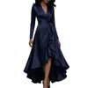 Moda Femenina Europea y Americana Nueva Otoño 2026: Elegante Vestido Francés de Color Sólido con Escote en V Profundo y Detalle de Lazo