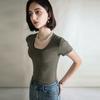 Verano Nuevo Manga Corta 2024 Estilo Americano Cuello U Texturizado Ajustado Top Interior Camiseta de Hombro para Mujer