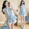 Em estoque Camisa de Algodão Lavado para Gestantes Bainha Borda de Orelha Estilo Coreano Fresco Top para Mãe Grávida Shorts para Abdômen