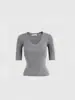 Top de punto fino color albaricoque con cuello en V ajustado de manga media para mujer, Camiseta de manga corta para primavera y verano, Camisa base única de manga media para interior