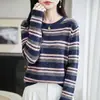 Suéter de punto con cuello redondo, rayas de bloques de color y lentejuelas, manga larga casual para mujer, versátil, corte holgado, suéter de capa interior para otoño/invierno