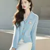 Cárdigan de Punto con Solapa Azul Claro Estilo Coreano para Mujer 2026 Otoño/Invierno Nuevo Estilo Super Atractivo Absolutamente Hermoso Suave y Esponjoso Abrigo Suéter