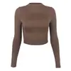 Ropa de Mujer Exportación Europea y Americana Otoño 2024 Color Sólido Ajustada que Muestra el Abdomen Manga Larga Cuello Semialto Camiseta Base Sexy Chica Caliente