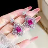 Pendientes Cortos Rectangulares de Corindón Rojo Fluorescente que Cambian de Color Completamente Diamantados, Anillo Abierto, Lujosos y Elegantes para Mujer