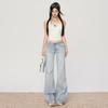 Jeans Flare Azul Claro Estampa de Bambu Retrô Cintura Baixa Garota Quente para Mulheres no Outono Solto e Não Ajustado ao Corpo Calças Flare Comprimento Chão