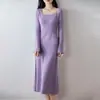 Vestido de Tricô Liso de Lã Pura Gola U Inverno 2026, Vestido Midi de Manga Longa Liso com Costela para Mulheres