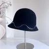 Sombrero de Pescador Ondulado con Perlas y Cristales Cosido a Mano para Mujer, Sombrero de Fieltro de Lana Australiana para Otoño e Invierno, Sombrero de Moda Versátil